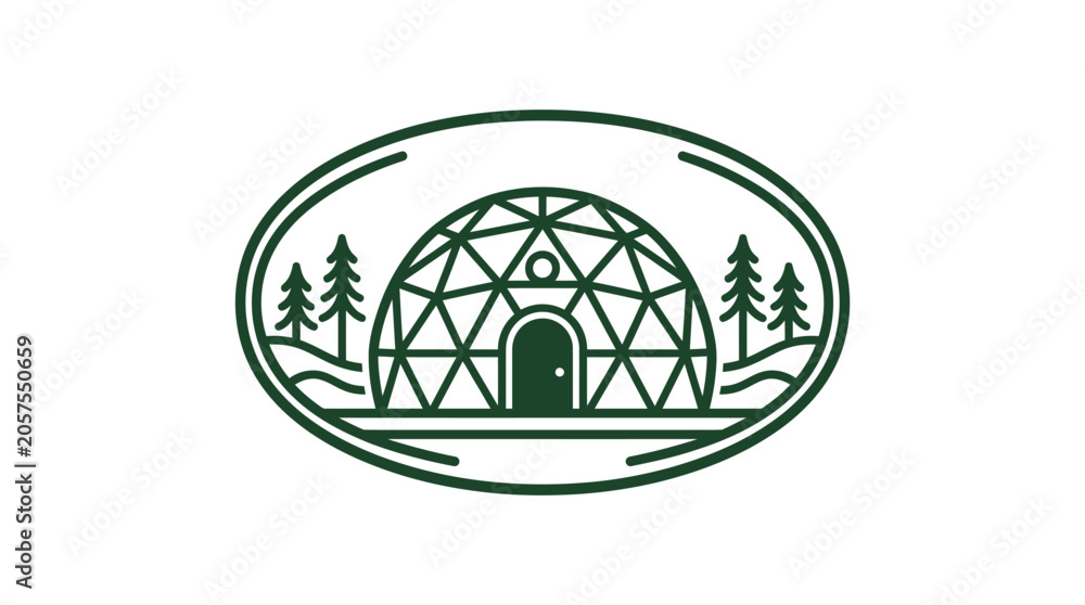 Obraz premium Geodesic dome glamping tent in forest emblem design.