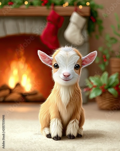Cute cartoon baby goat sitting on a soft carpet in front of a cozy fireplace decorated with Christmas stockings and festive greenery in a warm indoor setting