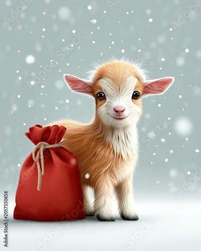 Cute cartoon goat standing beside a red sack in a snowy environment with falling snowflakes, creating a whimsical holiday scene