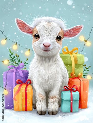 Cute cartoon goat with fluffy white fur standing among colorful gift boxes and holiday lights, creating a festive winter scene with a cheerful atmosphere