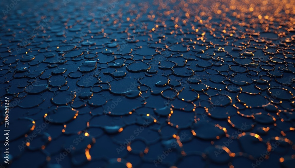 Fototapeta premium Abstract dark blue surface with irregular liquid like shapes. Reflecting warm orange light creating bright circular highlights. Close-up texture pattern background.