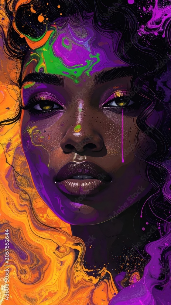 Fototapeta premium Vibrant Young Woman with Neon Face Paint in Abstract Colorful Portrait