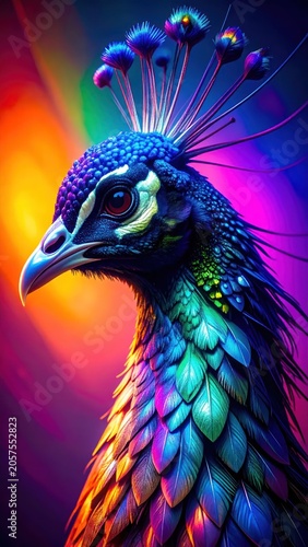 Vibrant Peacock Portrait with Iridescent Feathers Against Colorful Neon Background