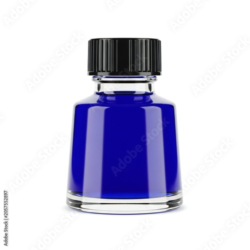 Blue fountain pen ink bottle with black cap isolated on white background