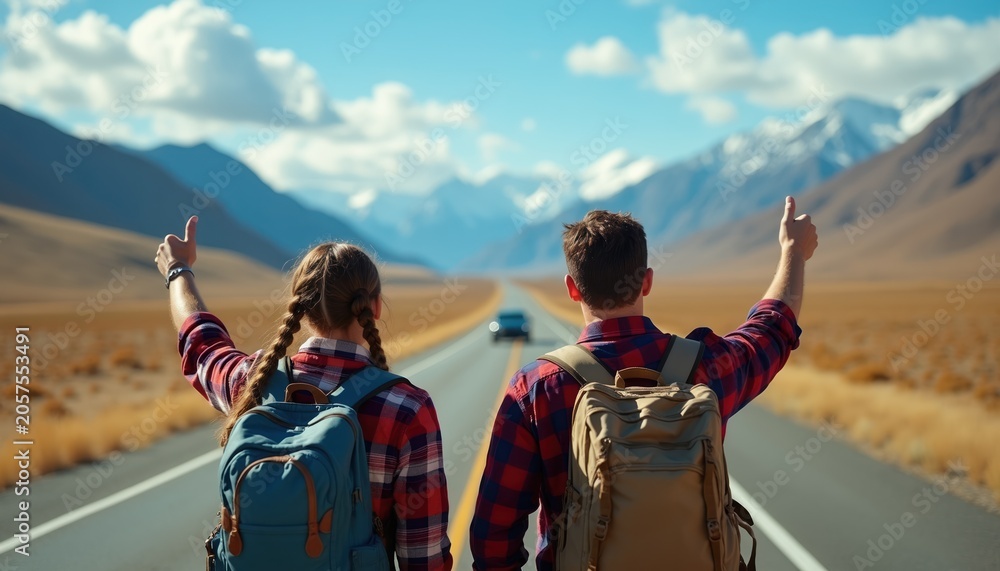 Fototapeta premium Two young travelers with backpacks give thumbs up on empty highway. Couple hitchhikes near snowy mountains. Friends start road trip adventure. Couple seeks transport on scenic route.