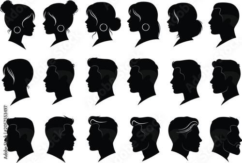 Silhouette collection of male and female head profiles, hairstyle variety, face outlines, portrait icons, beauty and fashion vector illustration