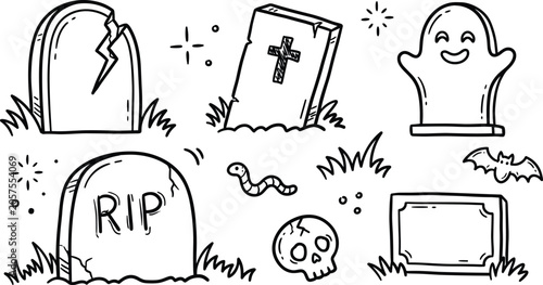Bild auf Leinwand Halloween Graveyard and Spooky Cemetery Vector Icon Set Featuring Tombstones, Gh