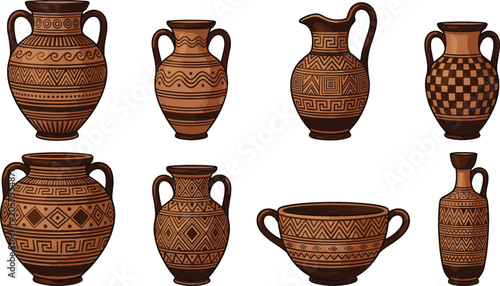 Fotografie Ancient Greek Pottery Vector Set Featuring Traditional Terracotta Vases Amphoras