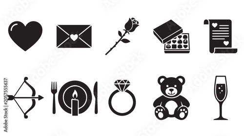 Photos Set of black silhouette representing romantic themes including a heart, love let