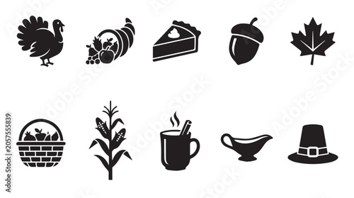 Photos Thanksgiving holiday themed set featuring a turkey, cornucopia, pumpkin pie, aco