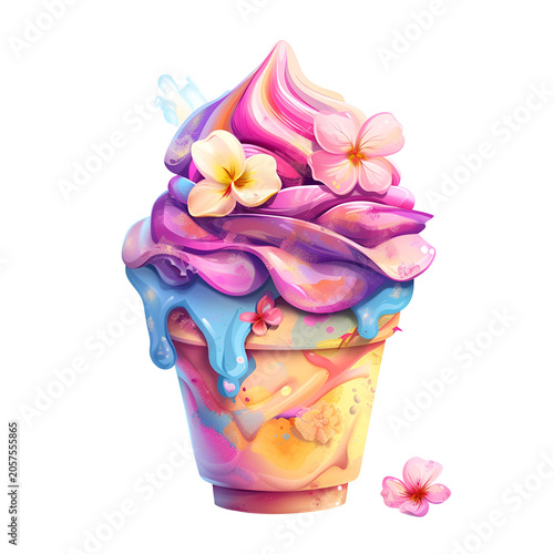 Floral Summer Ice Cream Clipart with Watercolor Flowers and Pink Soft Serve Scoop on Black Background