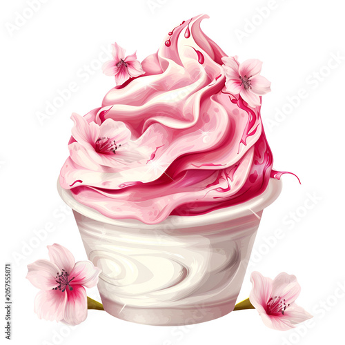 Floral Summer Ice Cream Clipart with Watercolor Flowers and Pink Soft Serve Scoop on Black Background
