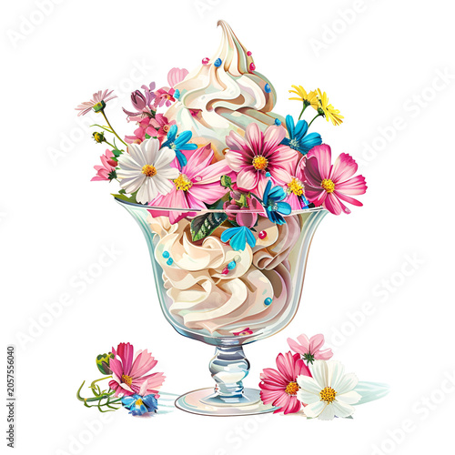 Floral Summer Ice Cream Clipart with Watercolor Flowers and Pink Soft Serve Scoop on Black Background