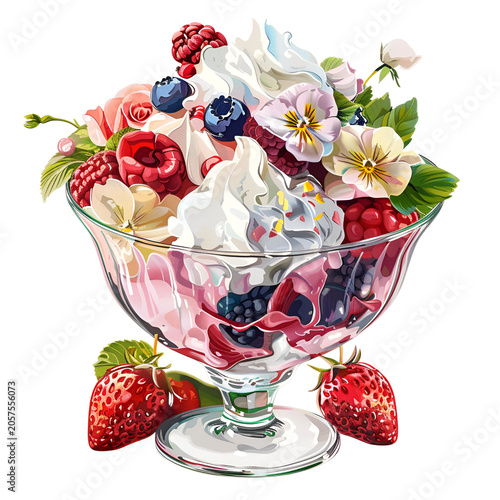 Floral Summer Ice Cream Clipart with Watercolor Flowers, Mixed Berries and Vanilla Scoop in Glass Bowl