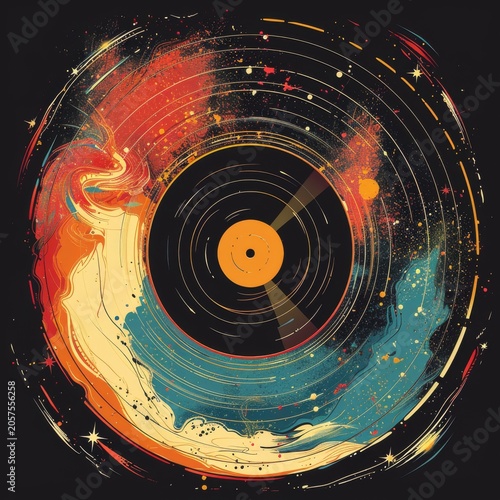 Vibrant Music Disc with Dynamic Galactic Paint Swirls