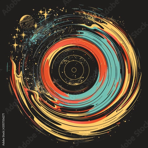 Abstract Vinyl Record Surrounded by Colorful Cosmic Energy