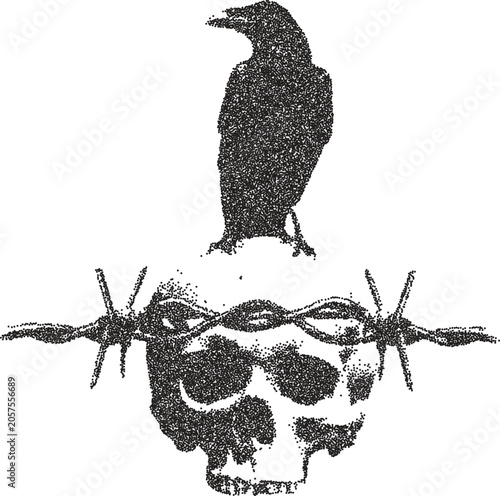 Skull retro y2k stipple design skeleton halftone brutalist urban vector png with clear background, bone 2000s photocopy grunge tattoo gen z effect