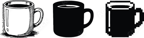 Three black and white coffee mugs with different designs isolated Vector
