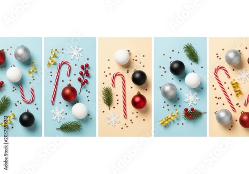 Christmas Holiday Decorations Featuring Candy Canes Ornaments And Festive Elements On Blue Background