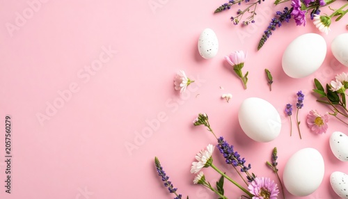 Easter eggs and flowers on a pink background, festive spring holiday concept.