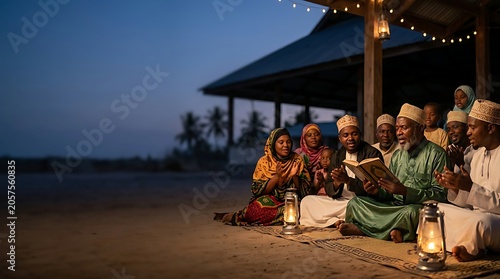 African muslim family praying together outdoors at night