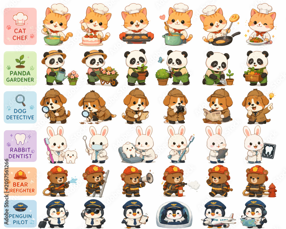 Fototapeta premium Big collection of cute chibi animal stickers featuring cartoon pandas, puppies, kittens, and bunnies in various active poses isolated on white background