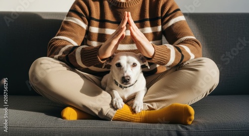 Person in striped sweater meditating with a white terrier dog on lap indoors