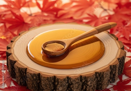 Rich golden maple syrup with a wooden spoon resting on a tree stump, surrounded by vibrant autumn leaves