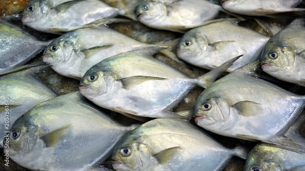 Obraz premium Fresh Silver Pomfret Displayed in Seafood Market, Premium Marine Fish for Sale, Commercial Seafood Trade, Coastal Fishing Industry and Fresh Ocean Food Selection