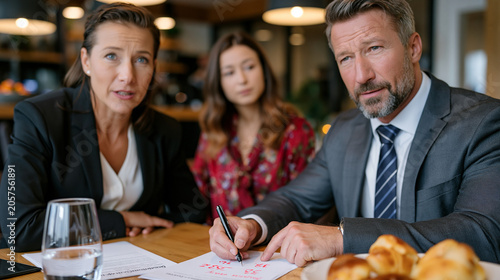Real estate agent circles days-on-market figures in red on printed comparable sales sheet, buyers seated across conference table looking uneasy, negotiation counteroffer letter waiting beside a glas