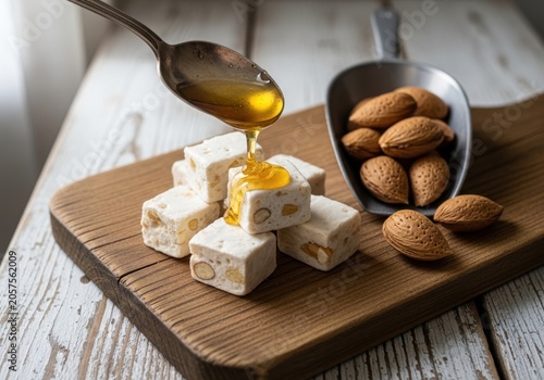 Sweet nougat squares with almonds and honey being drizzled on a wooden board, a delicious treat
