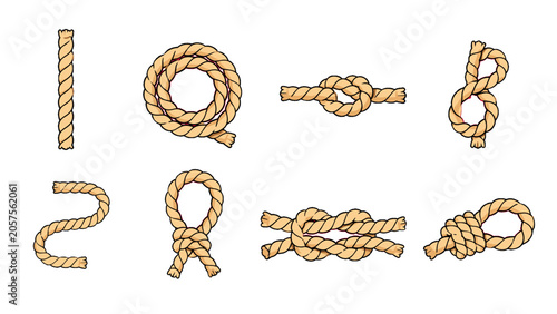 Bild auf Leinwand Set of rope knots and loops hand drawn vector illustration