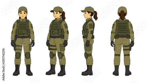 Foto Female tactical officer character turnaround in uniform