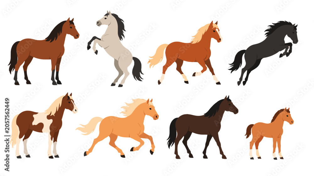 Obraz premium Collection of horses in different poses on white background