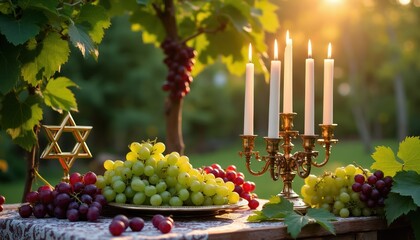Rosh Hashanah table setting outdoors with lit candles star of David and grapes. Sunset glow over vineyard garden background during Jewish holiday celebration. Autumn harvest scene.