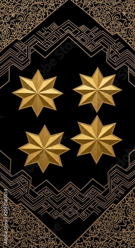 Four Golden Eight-Pointed Stars on Black Background with Ornate Border.