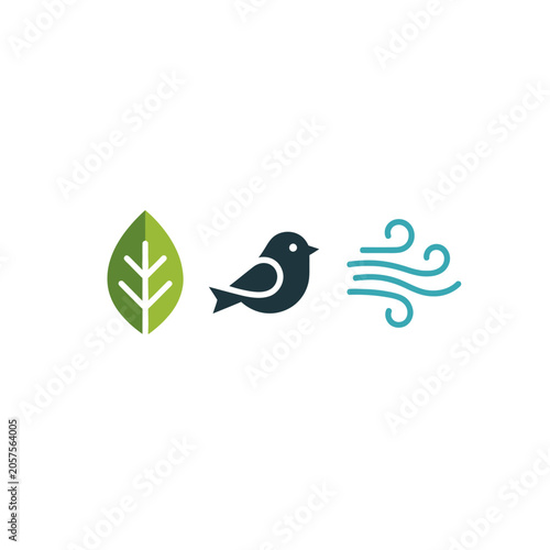 Nature and ecology minimalist flat icon set, green leaf, bird silhouette, and wind blowing symbols, environment concept vector illustration isolated on white background