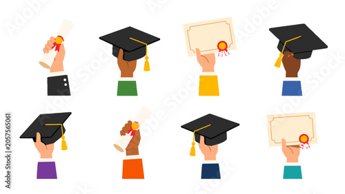 Foto Hands holding graduation caps and diplomas in flat vector set