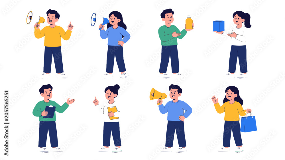 Fototapeta premium Set of people characters holding megaphone and products