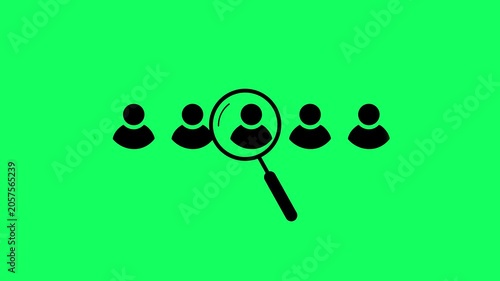 Magnifying glass searching user profile with recruitment and hiring animation on green background with alpha channel. Magnifying glass with person silhouette searching for another person