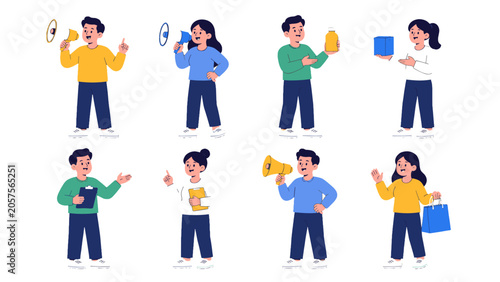 Bild auf Leinwand Set of people characters holding megaphone and products