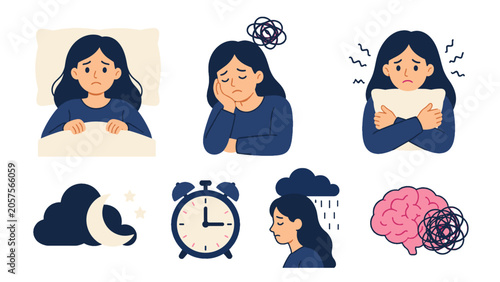 Bilde på lerret Sleep problems and stress symptoms illustrated icon set