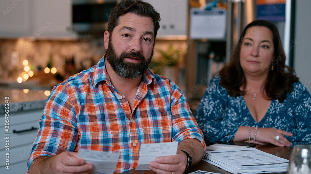 Obraz premium Homeowner rehearses property tax protest testimony in kitchen using index cards, appeal hearing letter magnetted to refrigerator, spouse at table timing the speech while printed comparable assessmen