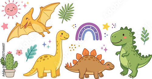 Foto Cute baby dinosaur vector illustration set with cartoon t-rex brachiosaurus steg