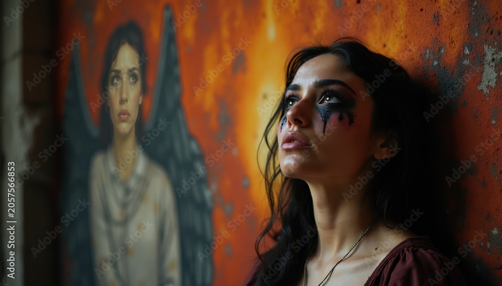 Naklejka premium Woman with dark eye makeup and tear streaks leans against wall. Angelic figure painting behind her, implies contrast between inner and outer self. Symbolic representation of struggle and hope.