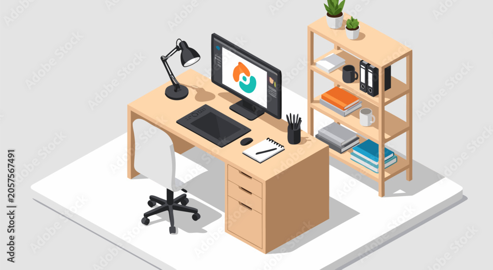Fototapeta premium Modern isometric vector illustration of a creative workspace featuring a professional computer desk and storage shelf setup 32