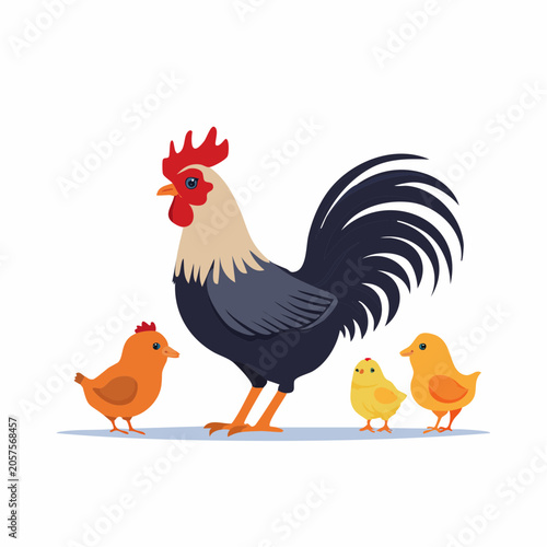 Rooster and Chicks Family Illustration