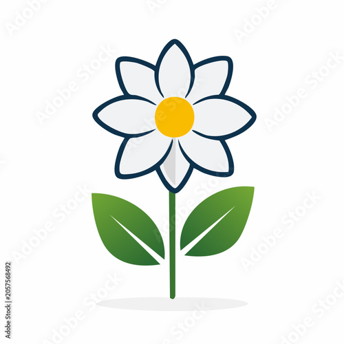 Stylized White Daisy Flower with Green Leaves and Yellow Center