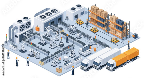 Isometric illustration of a modern automated food processing factory with assembly lines and logistics.