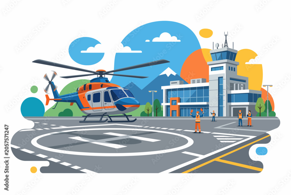 Fototapeta premium Helicopter Landing at Airport Control Tower and Helipad Vector